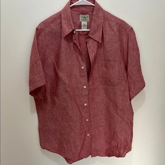LL Bean Men’s Red Linen Short Sleeve Button Down Collared Shirt Size L - Picture 1 of 3